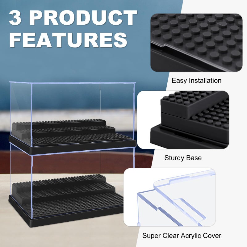 Pokiiulk 2 Pack Display Case for Minifigure Action Figures Blocks  Acrylic Minifigure Display Case Box Storage with 3 Movable Steps Gift for Kids Adults (Black) - Image 2